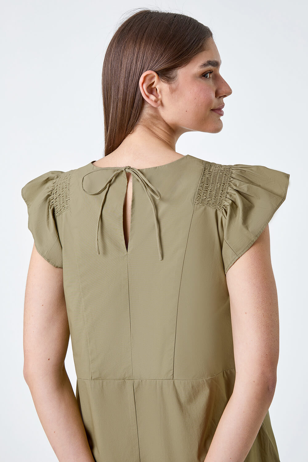 KHAKI Plain Cotton Frill Sleeve Pocket Dress, Image 4 of 5