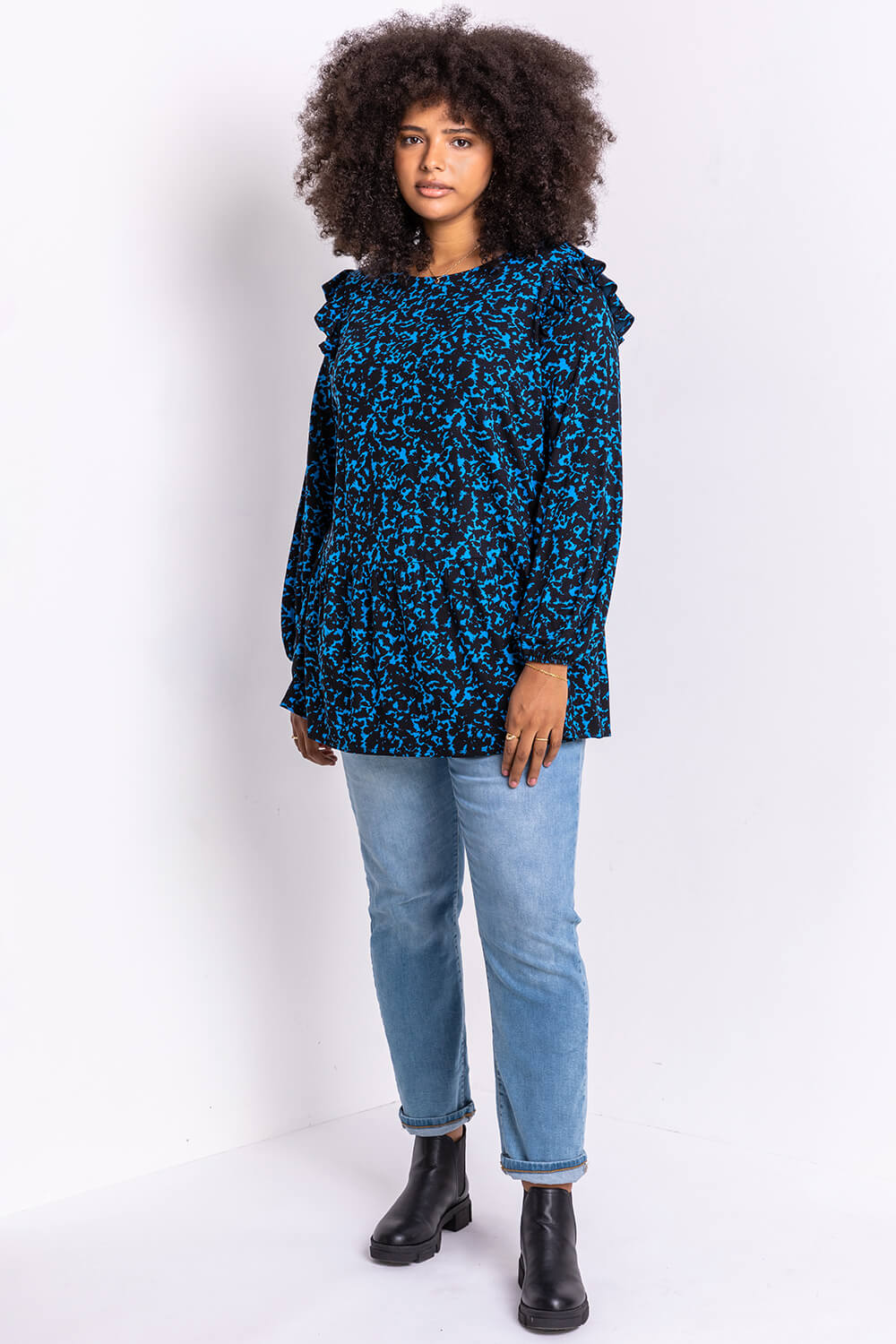 Royal Blue Curve Abstract Animal Frill Detail Tunic, Image 3 of 5