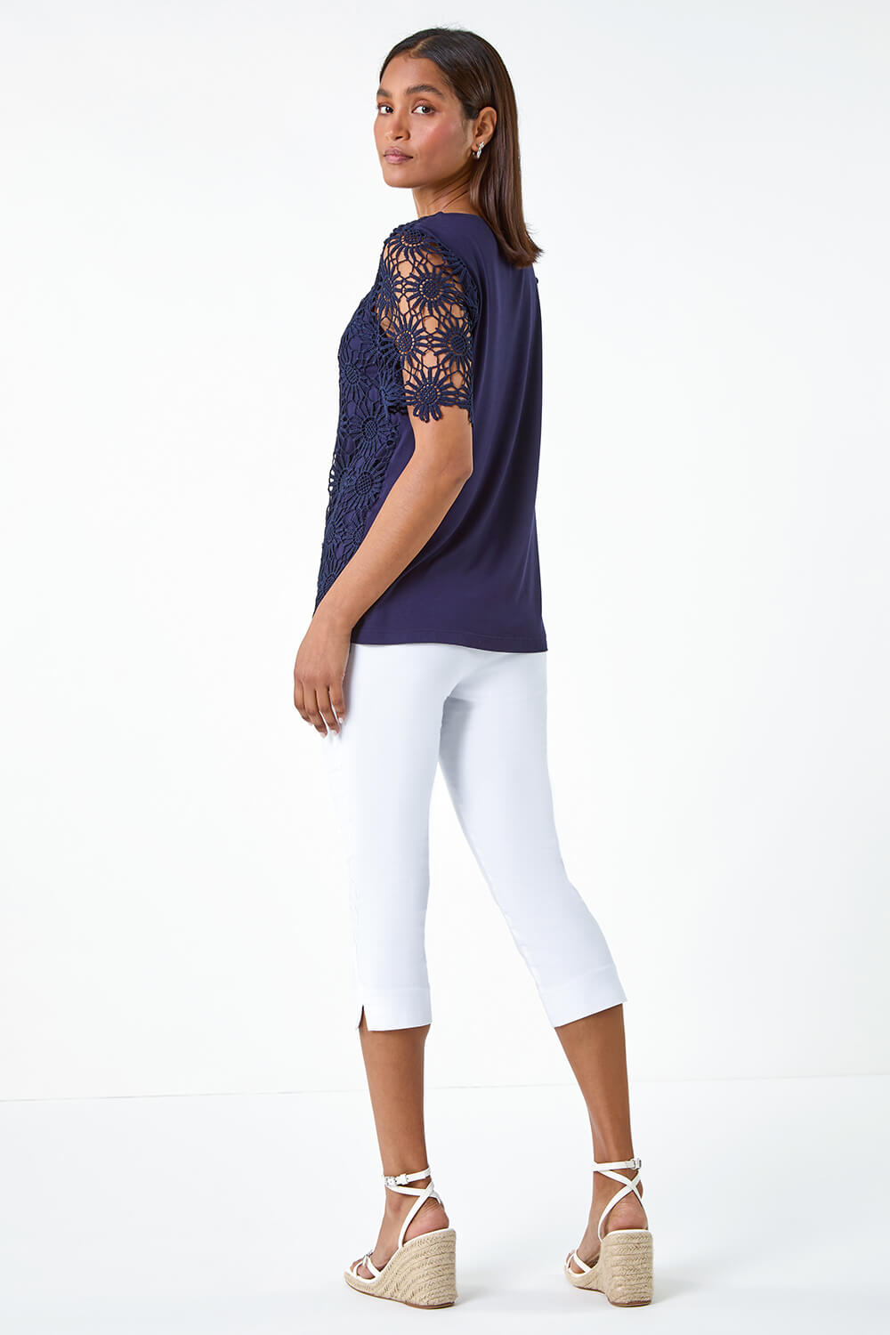 Navy  Floral Lace Stretch Jersey T-Shirt, Image 3 of 5