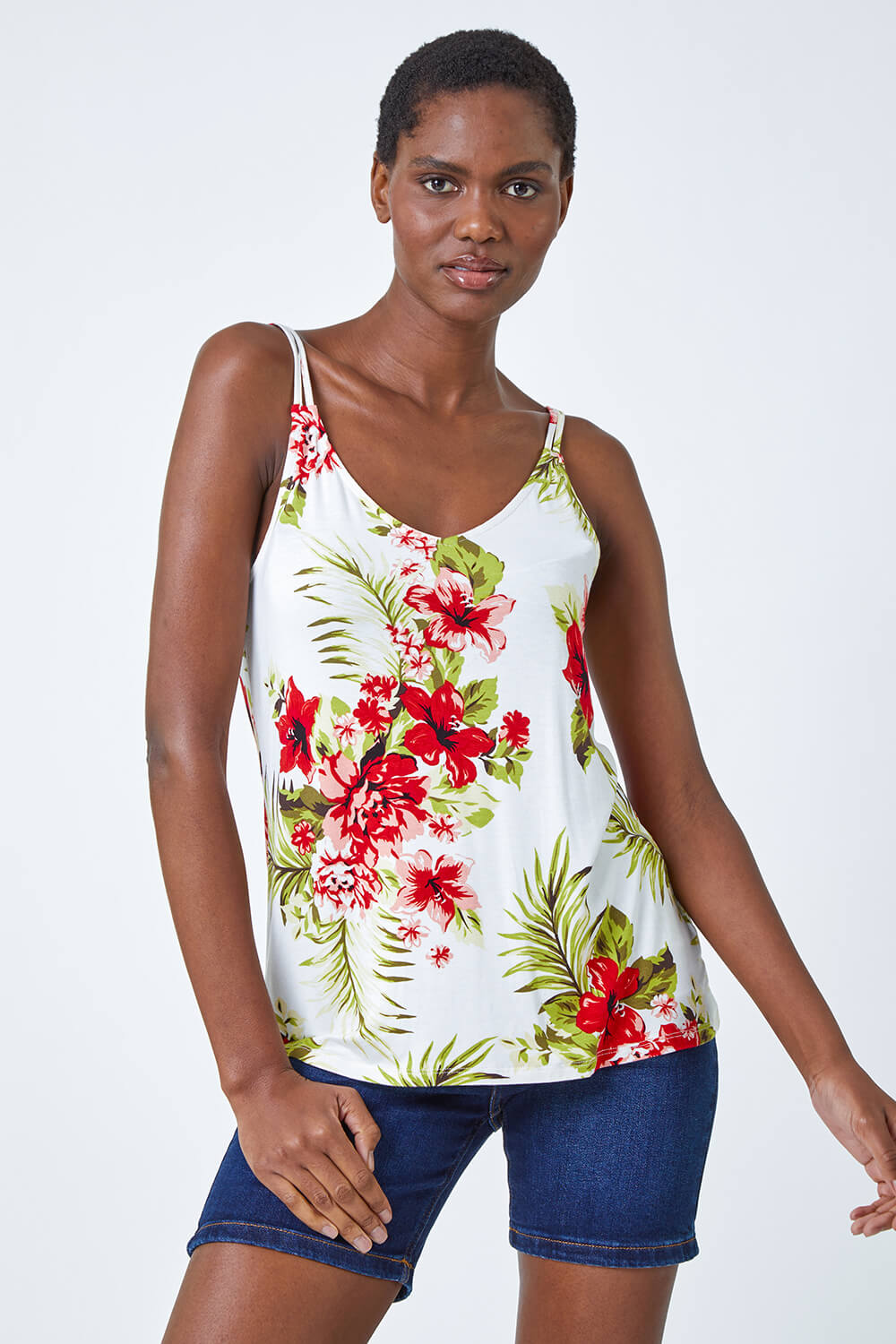 Ivory  Tropical Print Strap Detail Cami Top, Image 2 of 5