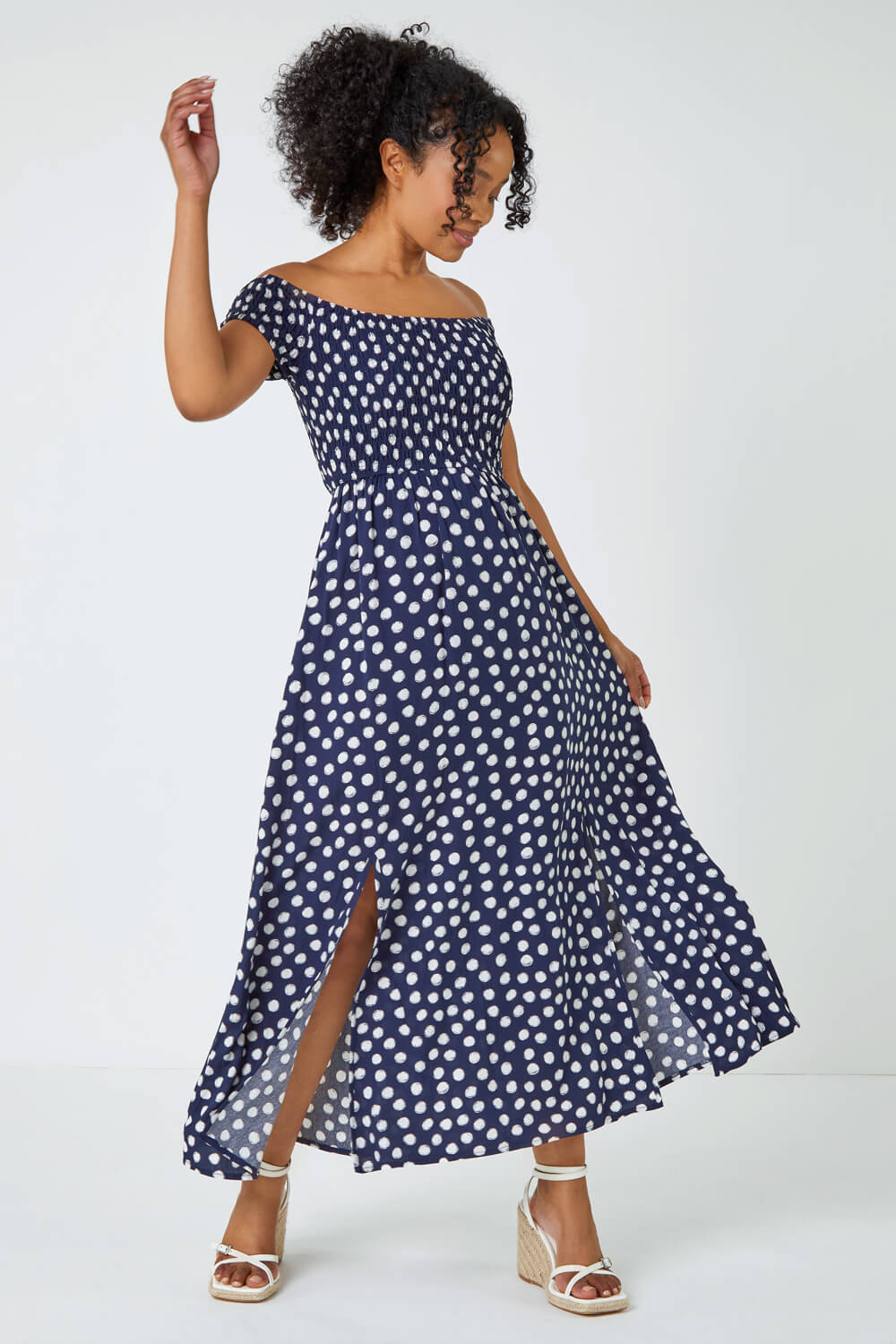 Navy  Petite Polka Dot Bardot Maxi Dress, Image 4 of 5
