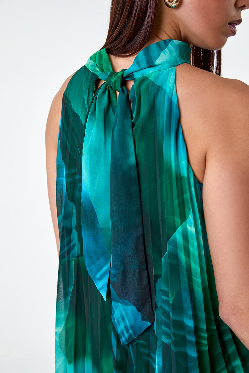 Dark Green Petite Abstract Halter Neck Pleated Dress, Image 5 of 5