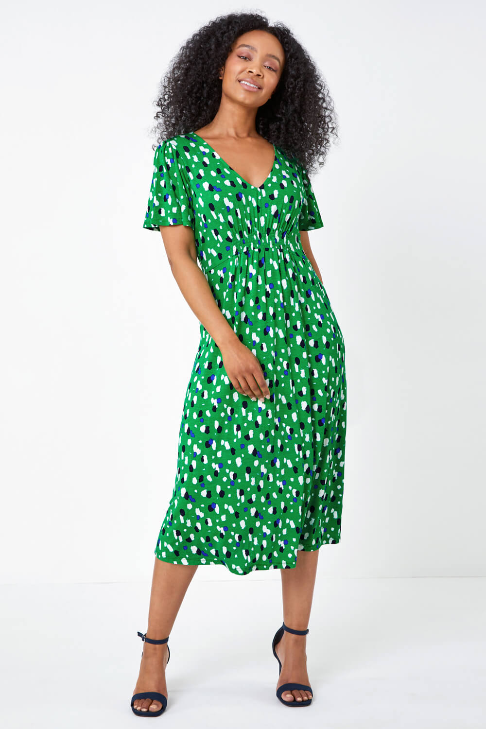 Green Petite Spot Shirred Stretch Midi Dress, Image 2 of 5
