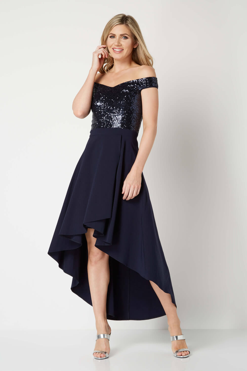 Navy  Sequin Bardot Gown, Image 3 of 4