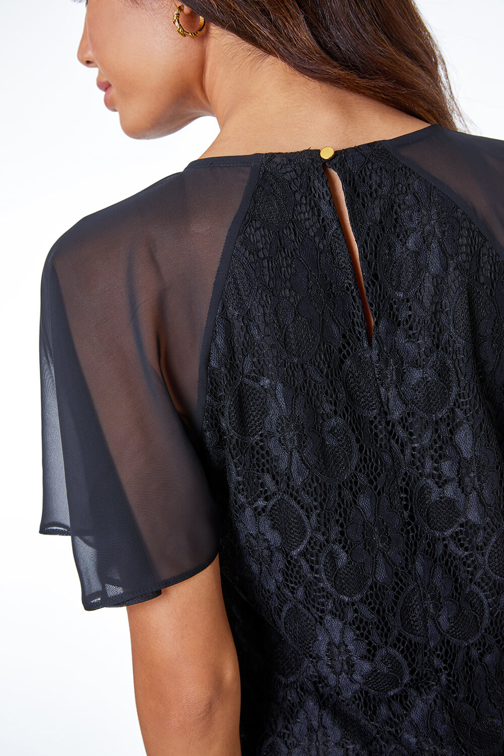 Black Lace Chiffon Sleeve Shell Top, Image 5 of 5