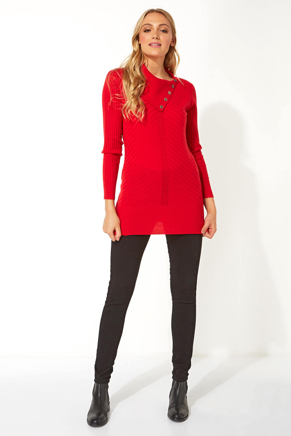 Red Split Button Neck Chevron Ribbed Tunic, Image 2 of 5