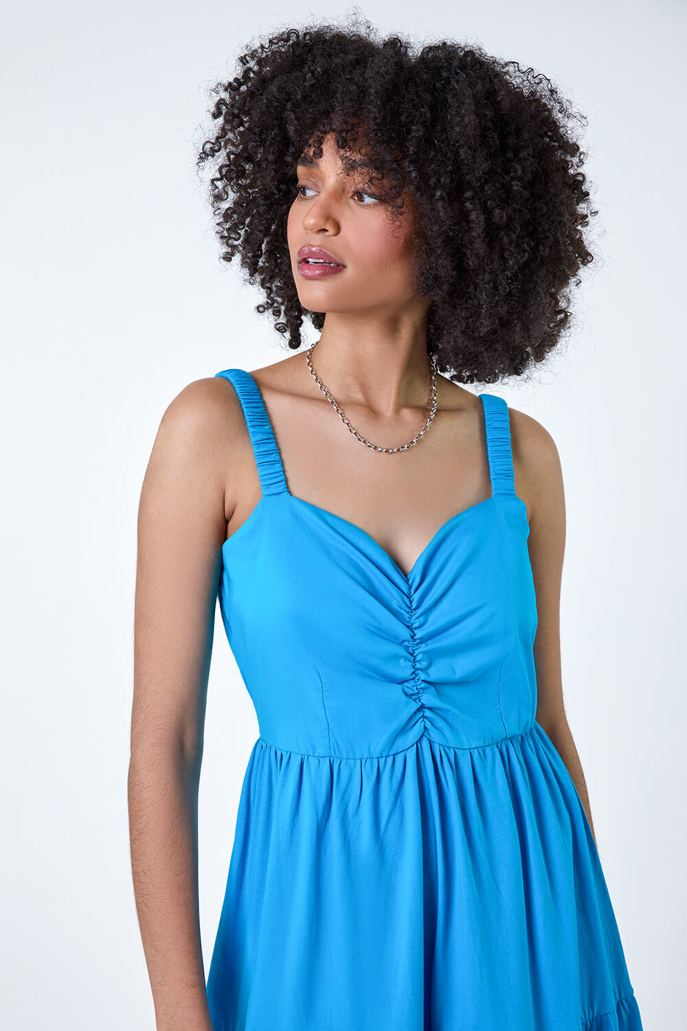 Turquoise Cotton Strappy Tiered Midi Dress, Image 4 of 5