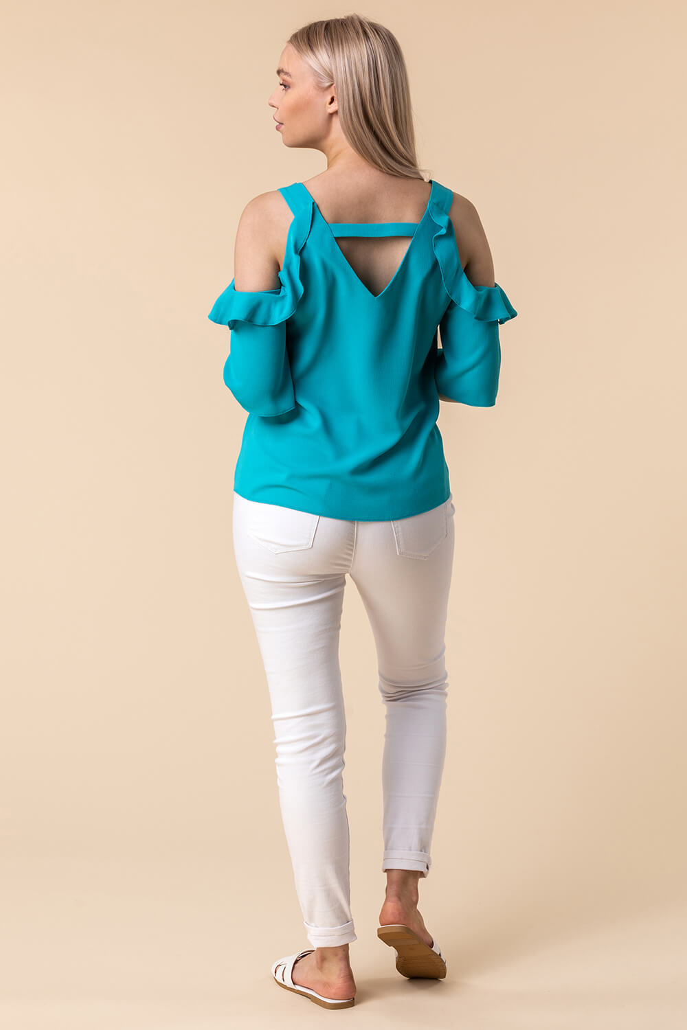 Turquoise Frill Sleeve Cold Shoulder Top, Image 2 of 4