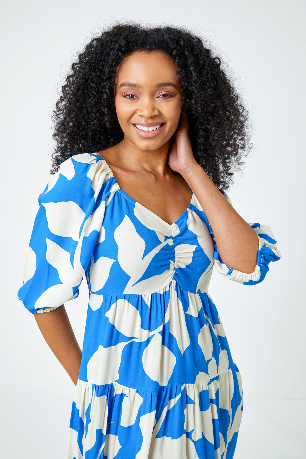 Blue Petite Floral Print Tiered Maxi Dress, Image 5 of 6