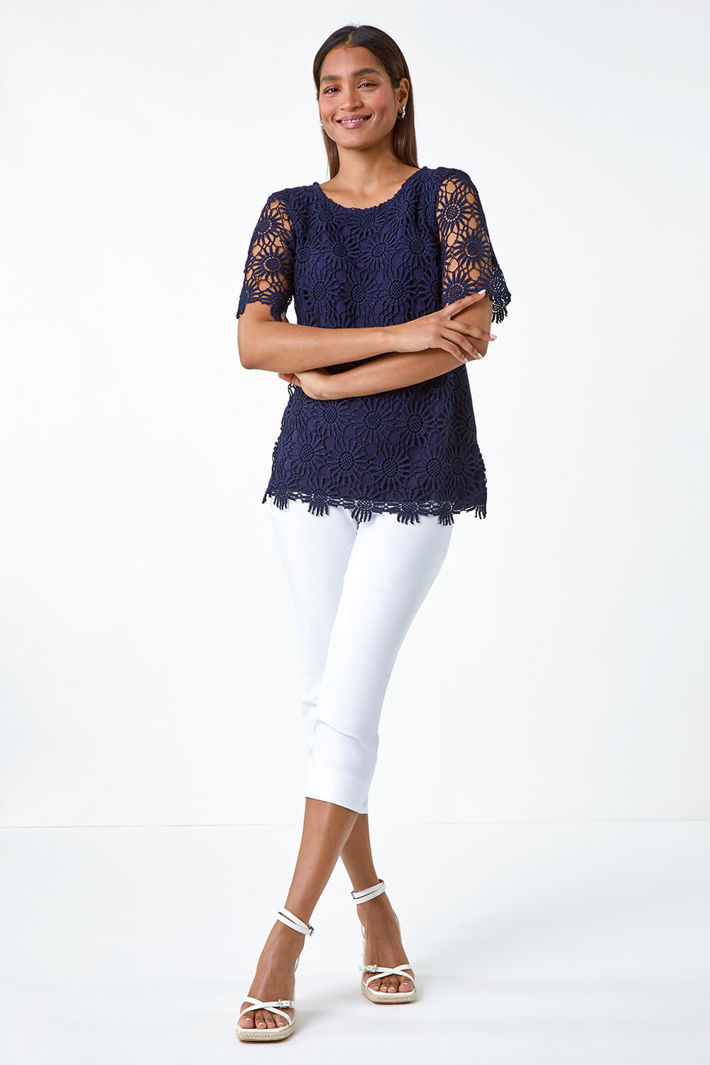 Navy  Floral Lace Stretch Jersey T-Shirt, Image 4 of 5