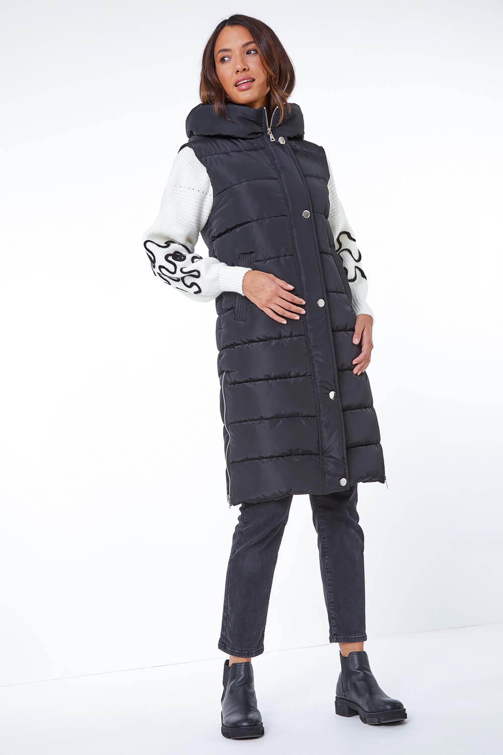 Black Hooded Longline Quilted Gilet, Image 4 of 5