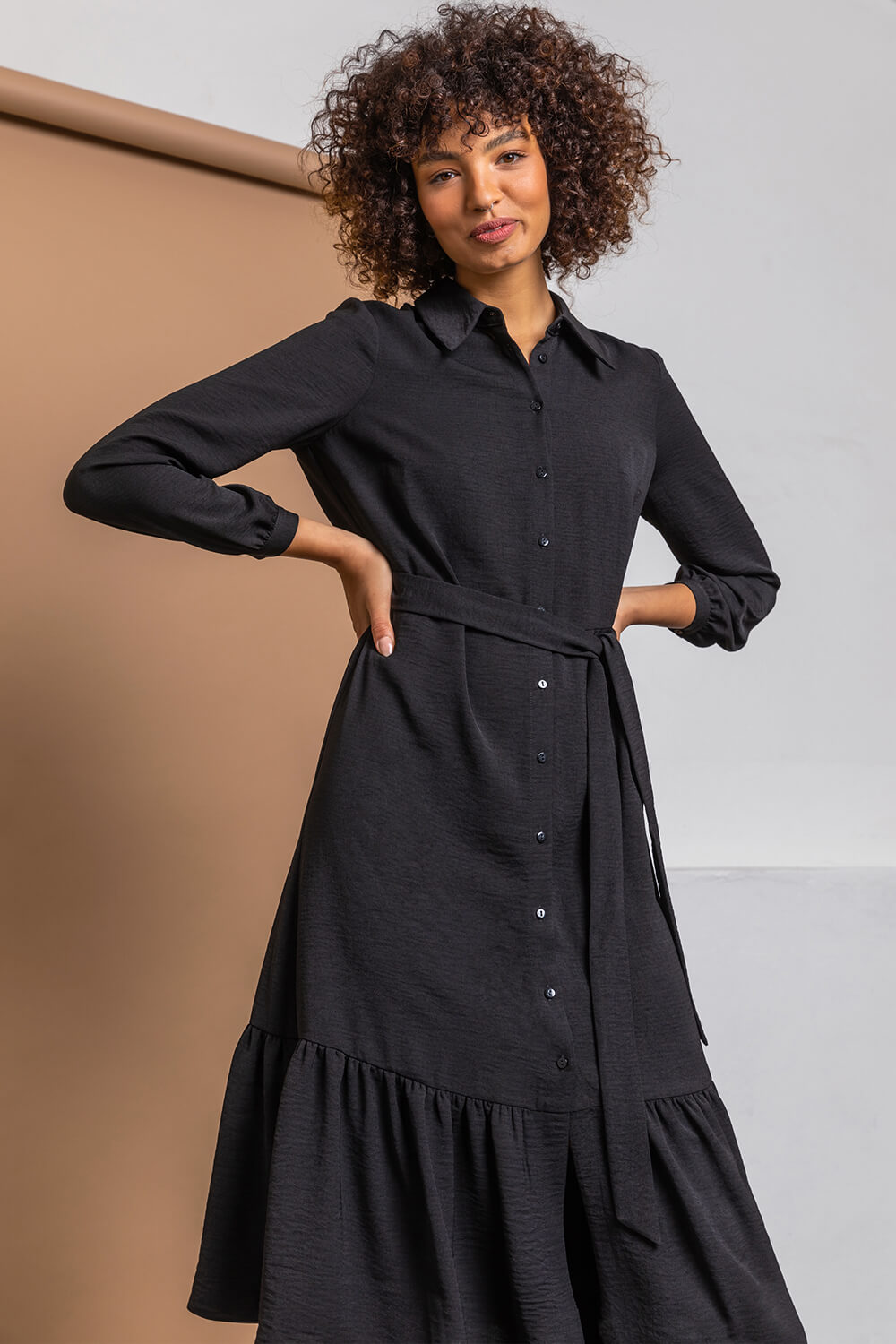 Black Tiered Midi Length Shirt Dress, Image 5 of 5