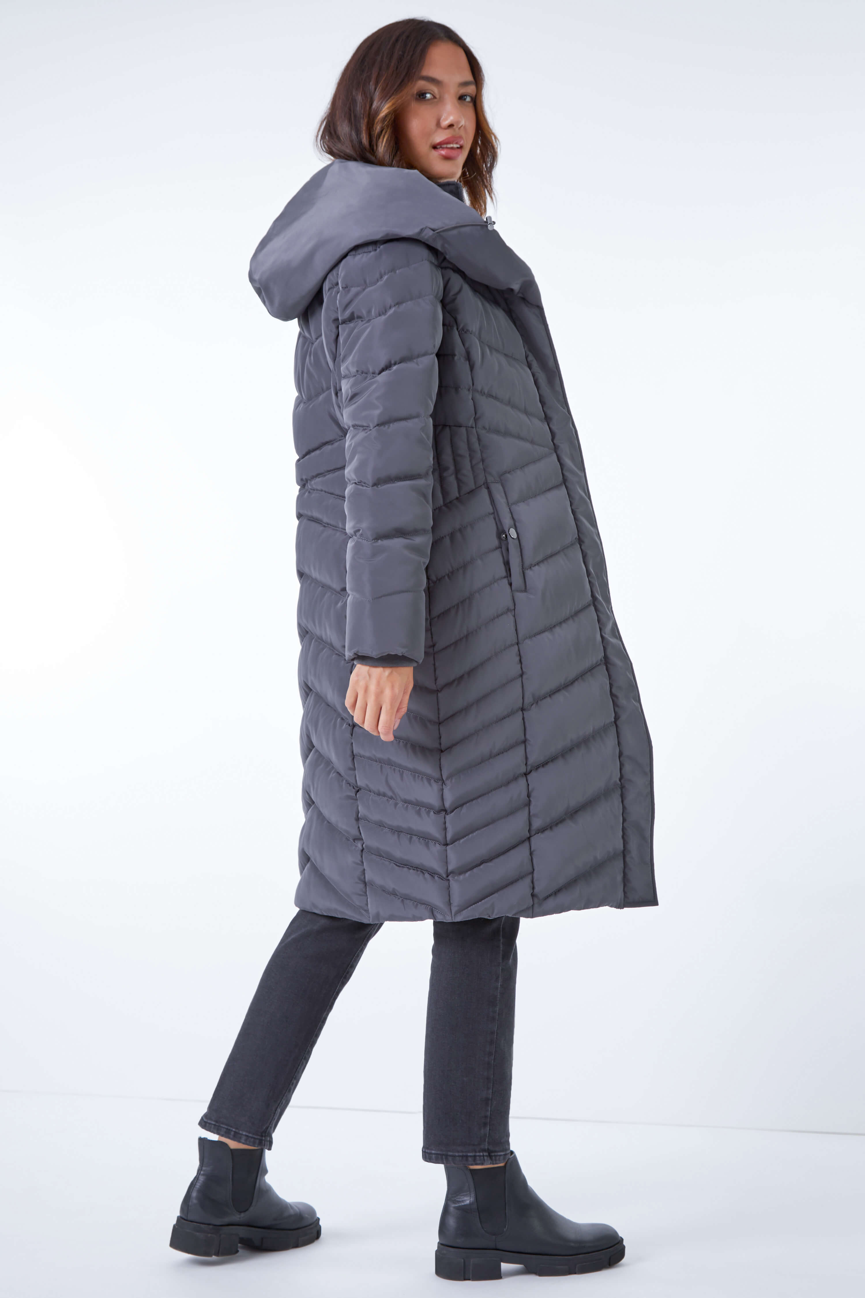 Charcoal Hooded Quilted Coat, Image 3 of 5