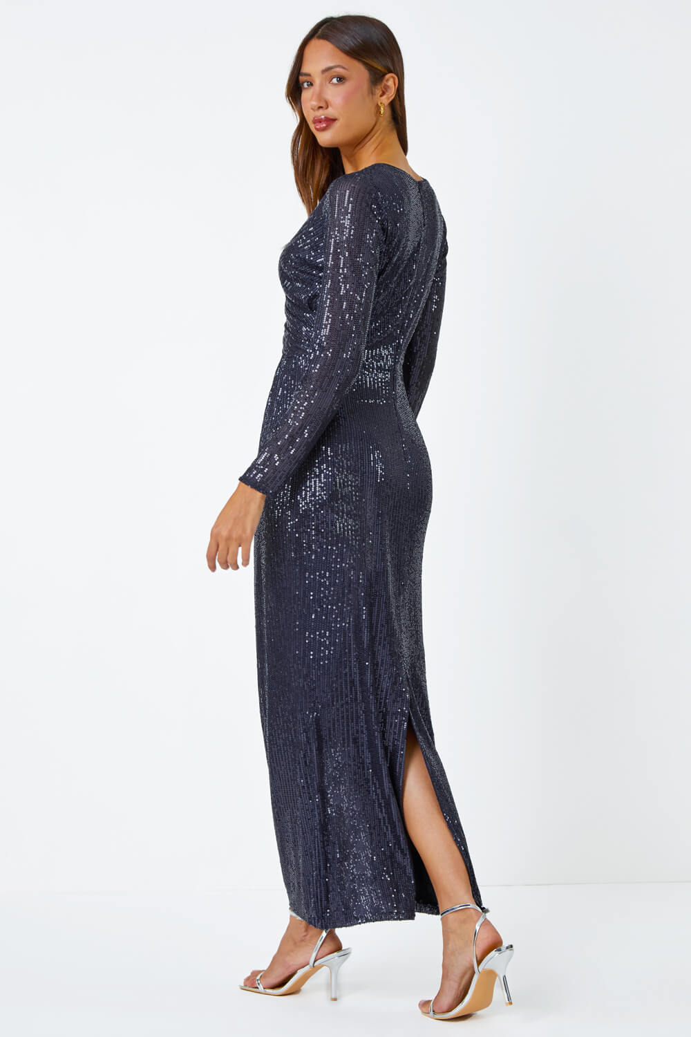 Navy  Sequin Wrap Stretch Maxi Dress, Image 3 of 5