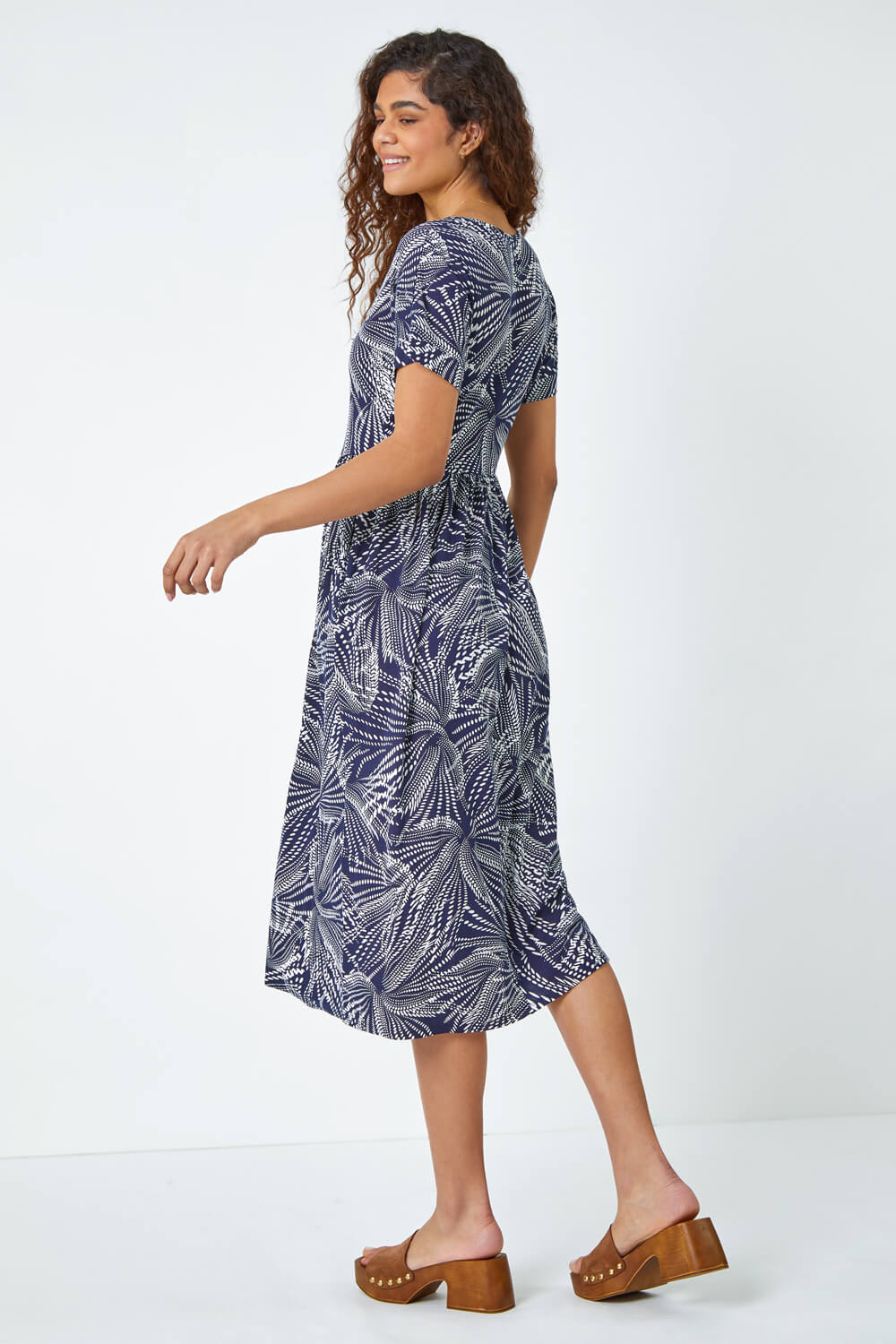 Navy  Abstract Print Midi Stretch Dress, Image 3 of 5