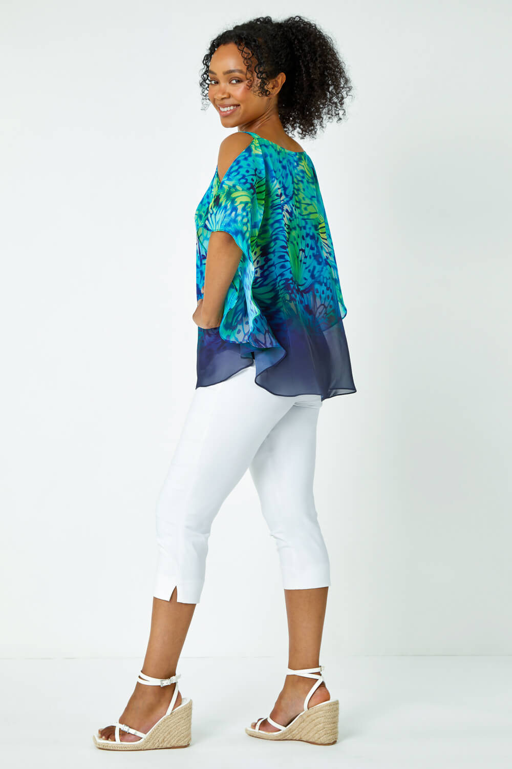 Turquoise Petite Butterfly Cold Shoulder Top, Image 3 of 5