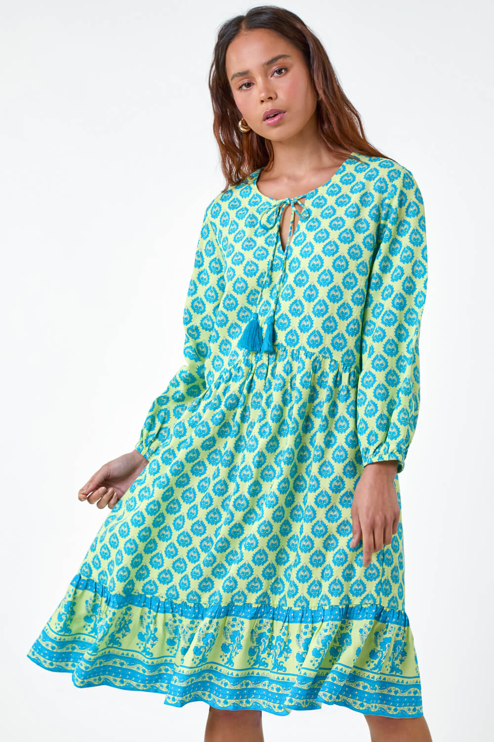 Turquoise Petite Border Print Tassel Smock Dress, Image 4 of 5