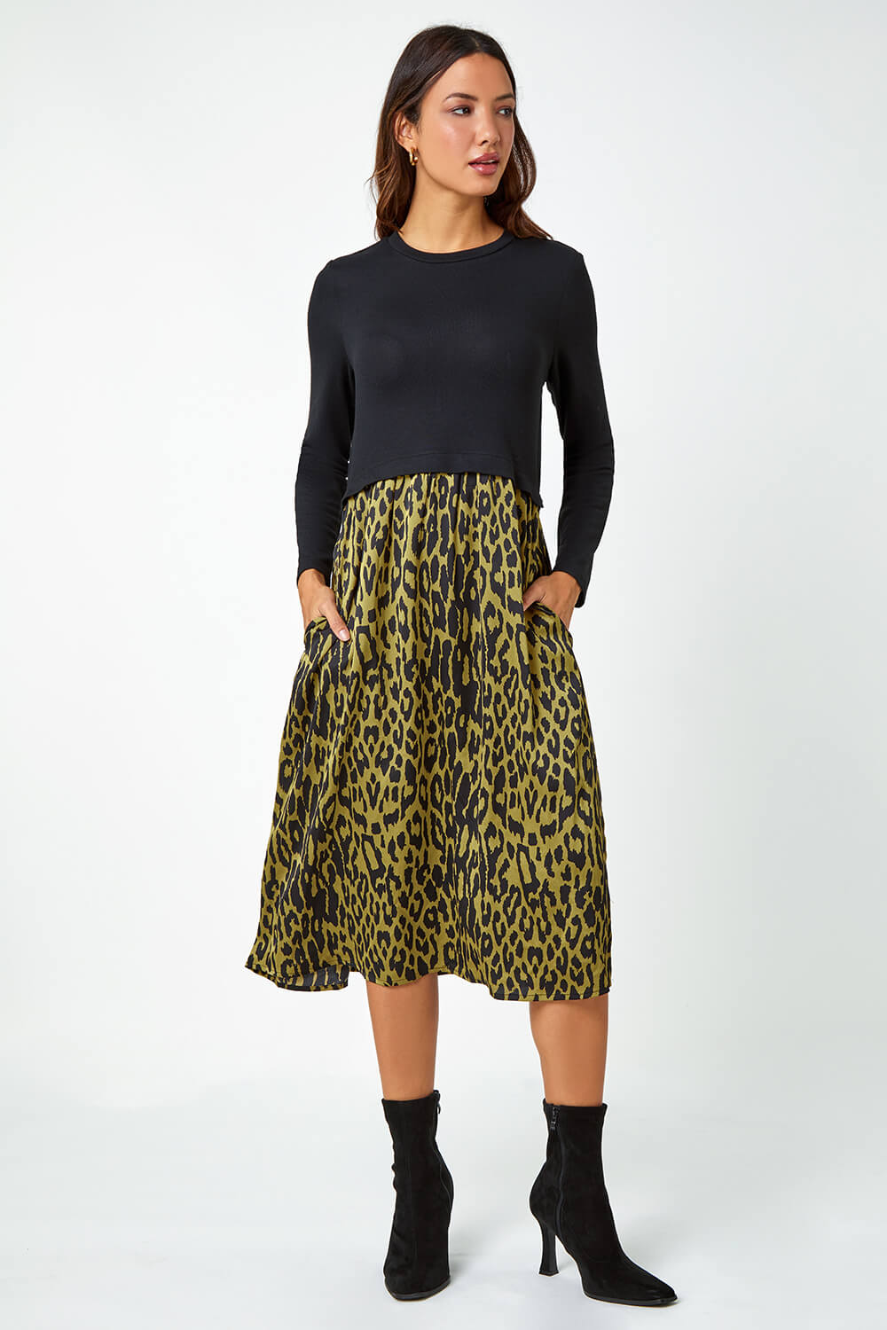 Black Contrast Leopard Print Pocket Knit Midi Dress, Image 2 of 5