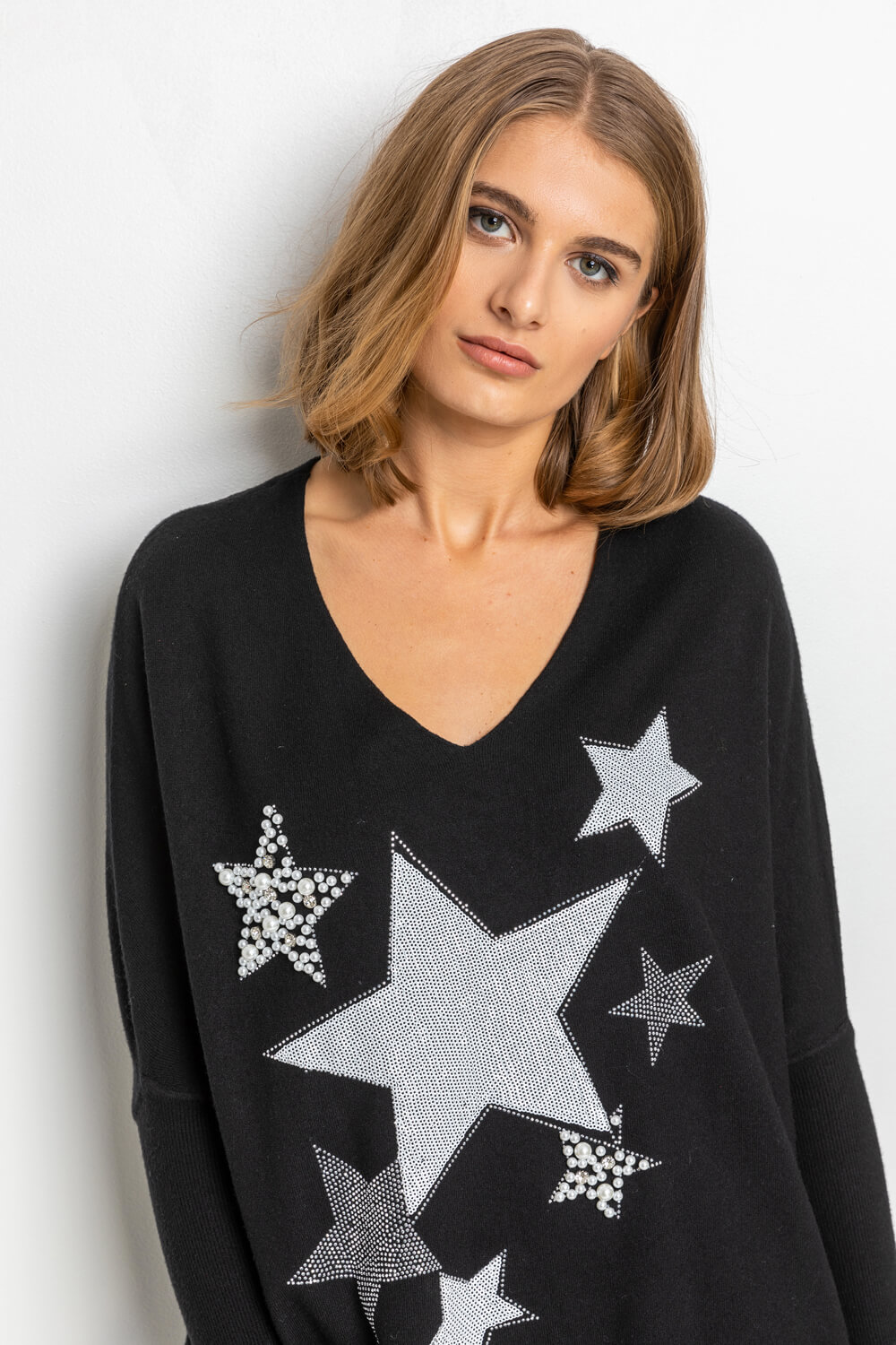 Sparkle Star Embellished Comfy Top in Black - Roman Originals UK