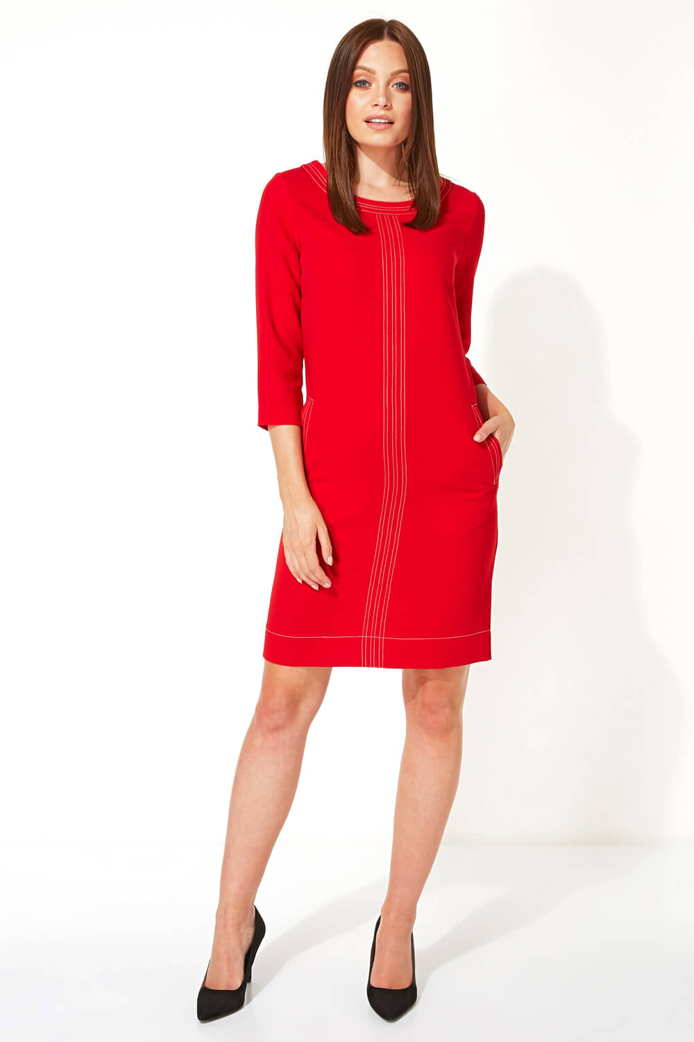 Red 3/4 Sleeve Top Stitch Shift Dress, Image 2 of 5