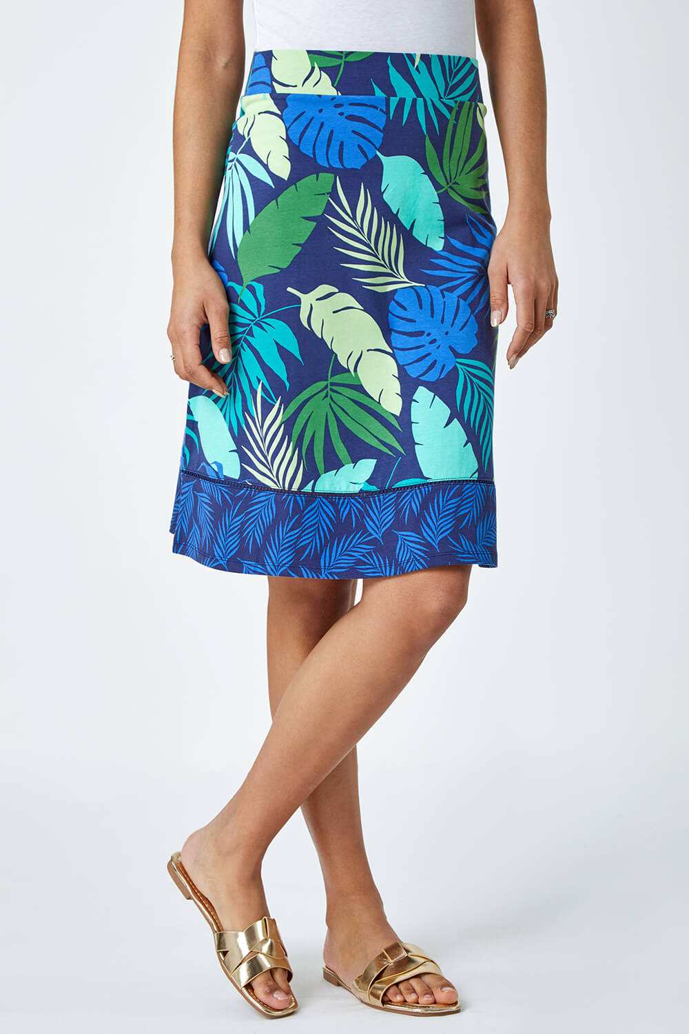 Green A-Line Palm Leaf Border Stretch Skirt, Image 4 of 5