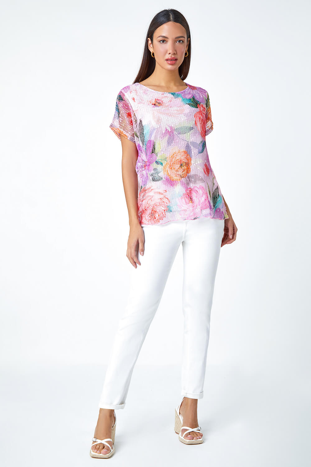 PINK Mesh Overlay Floral Print T-Shirt, Image 2 of 5