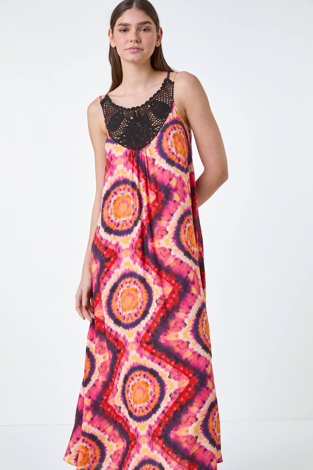 Fuchsia Tie Dye Crochet Detail Pocket Midi Dress, Image 4 of 5