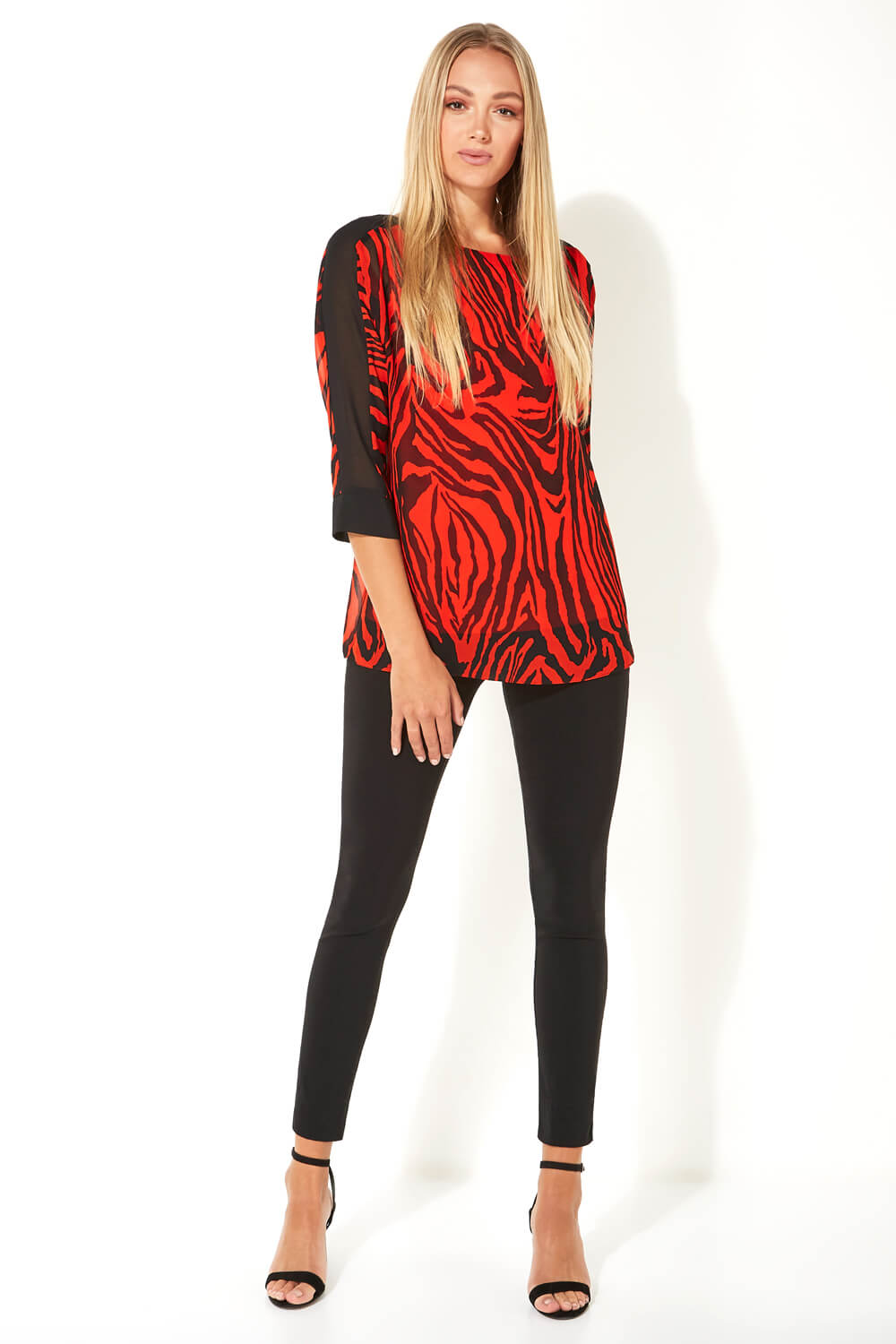 Red Animal Tiger Print 3/4 Sleeve Top, Image 2 of 5