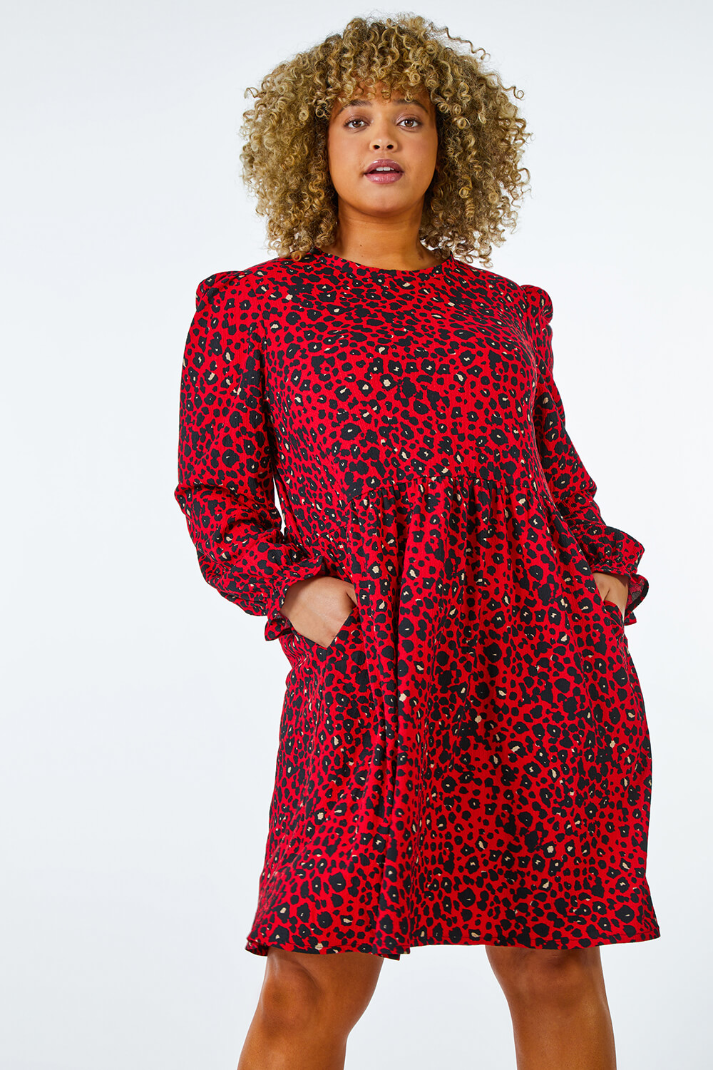 Red Curve Textured Animal Print Tunic Dress, Image 4 of 5