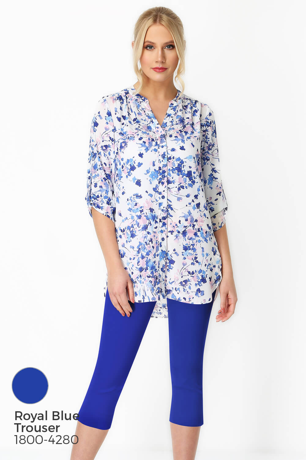Blue Floral Print Roll Sleeve Shirt , Image 8 of 8