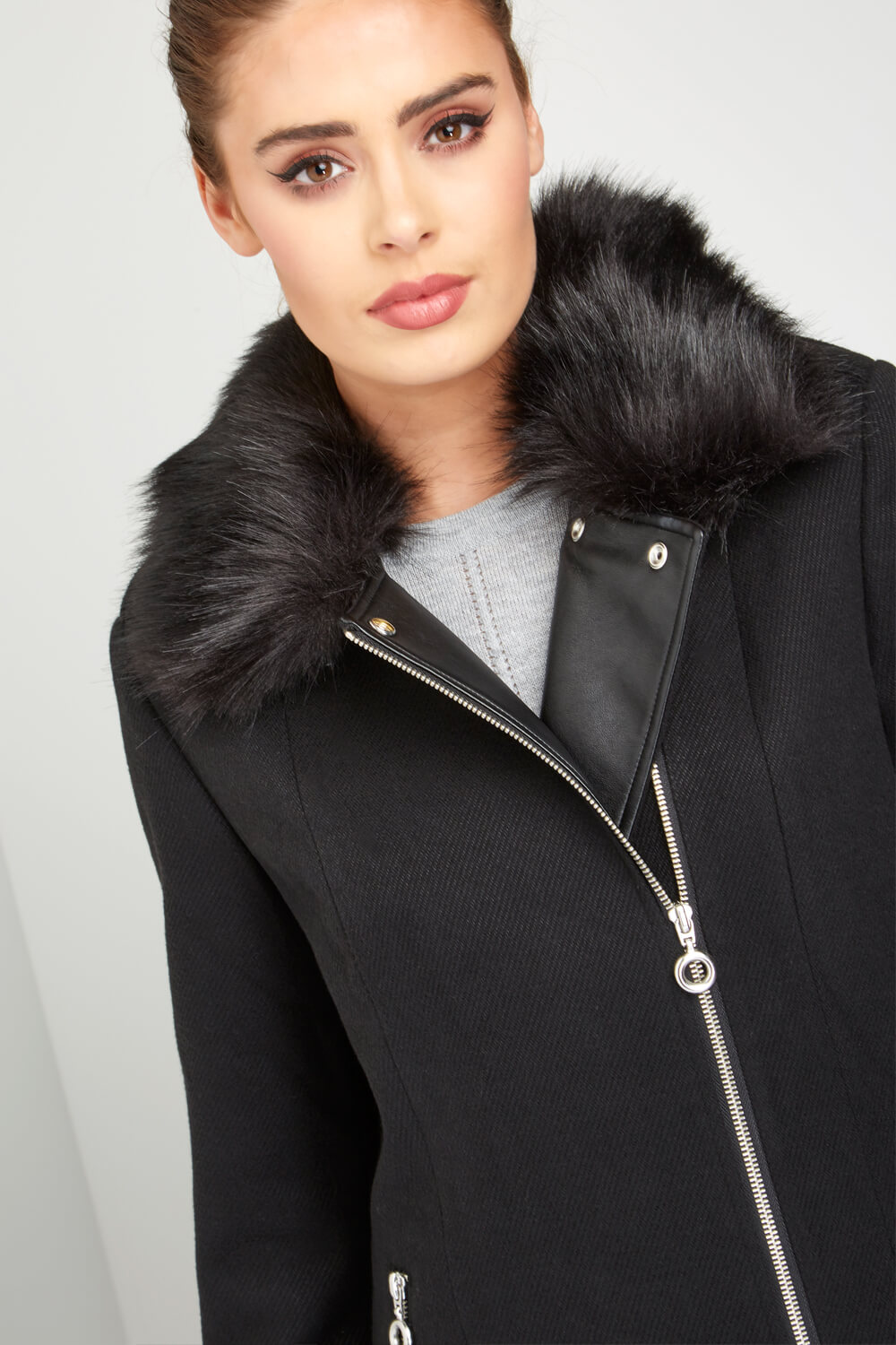 Faux Fur Collar Twill Coat in Black - Roman Originals UK