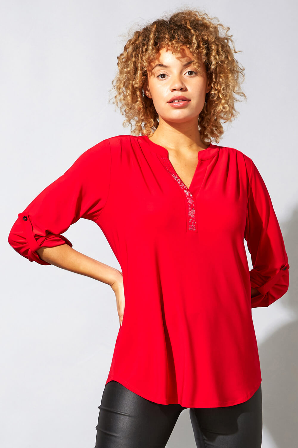 3/4 Sleeve Embellished Top in Red - Roman Originals UK