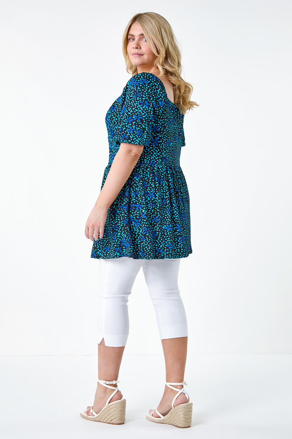 Blue Curve Floral Longline Stretch Shirred Top, Image 3 of 5
