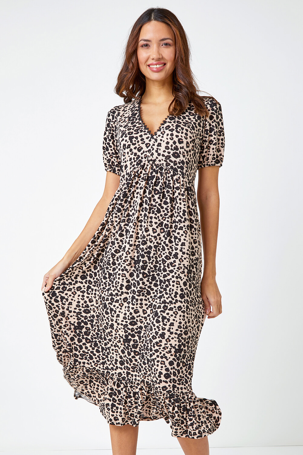 Black Leopard Print Lace Trim Midi Dress, Image 3 of 6