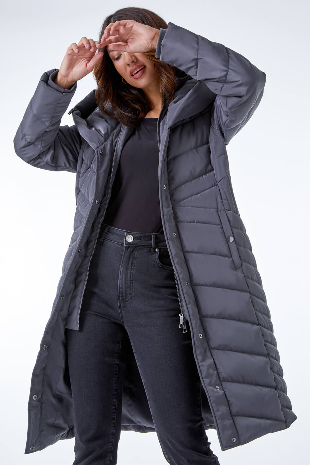 Charcoal Hooded Quilted Coat, Image 1 of 5