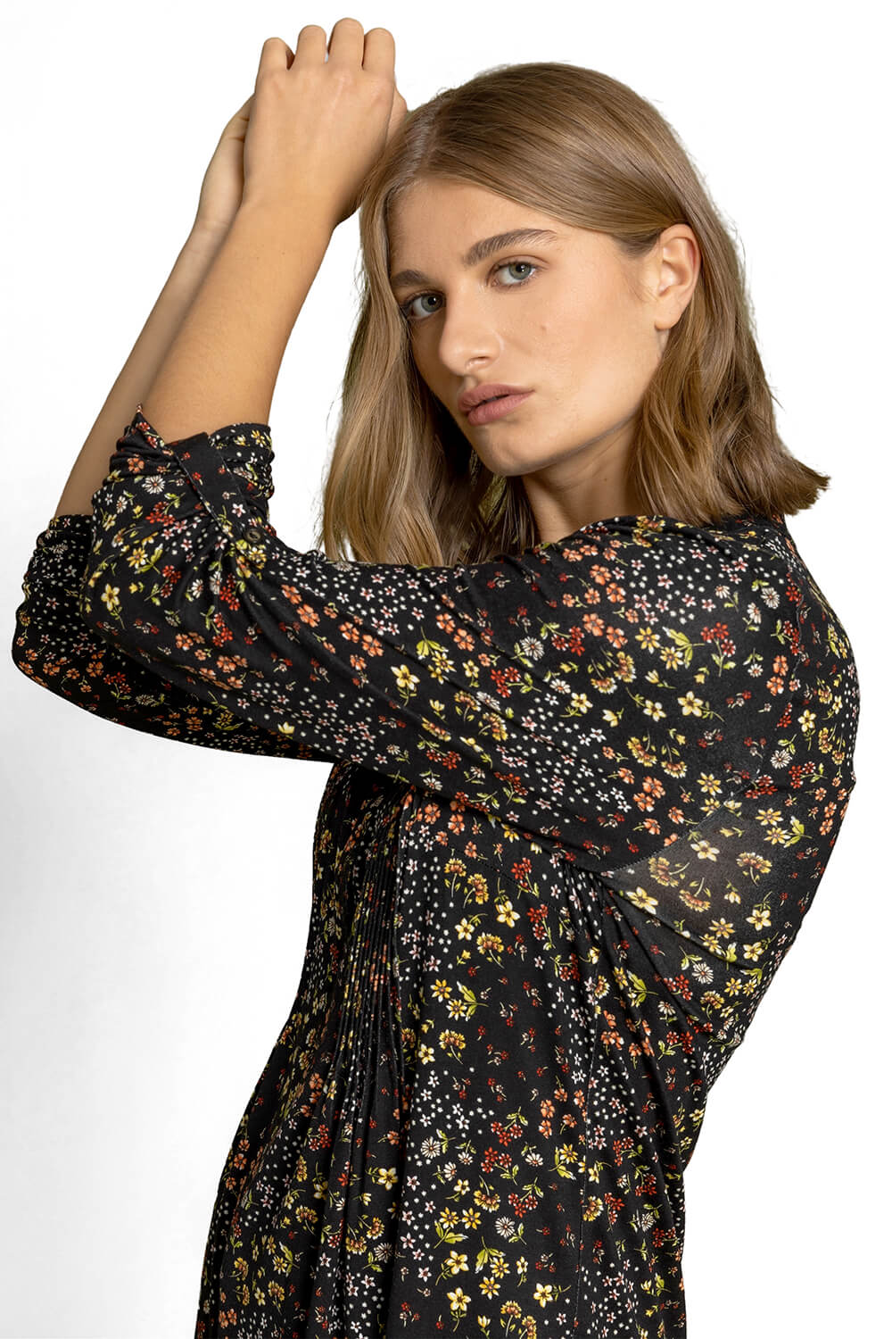 Multi  Floral Print Pintuck 3/4 Sleeve Jersey Shirt, Image 4 of 4