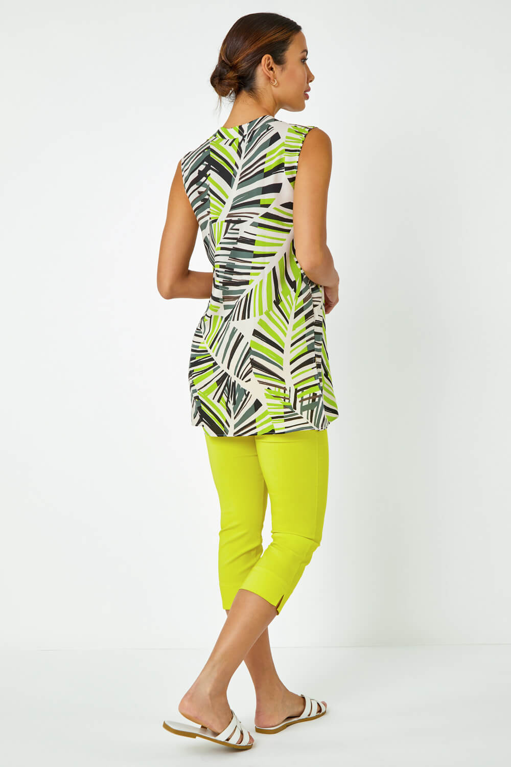 Lime Palm Print Notch Neck Button Top, Image 4 of 5