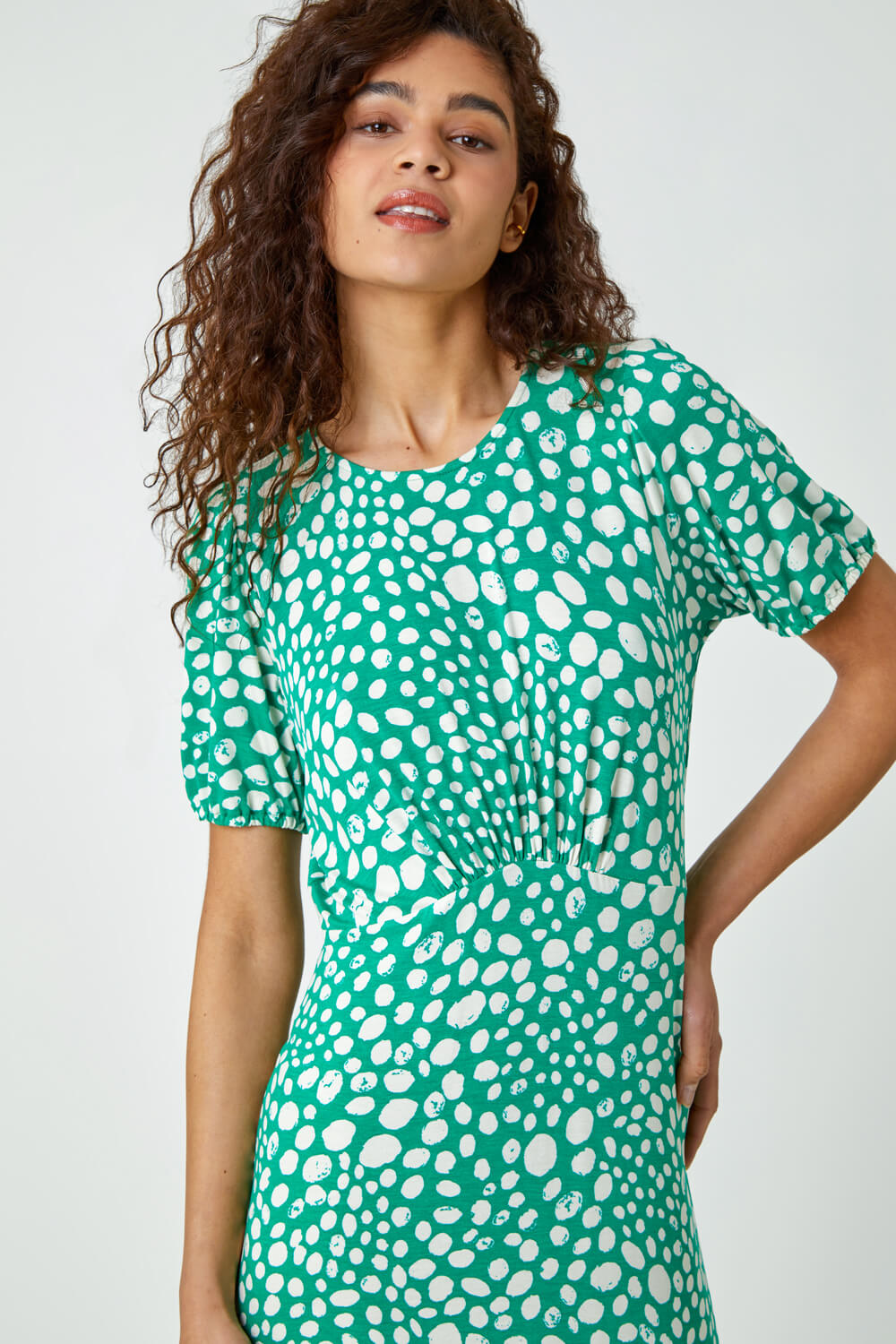 Green Pebble Print Frill Hem Midi Dress , Image 4 of 5