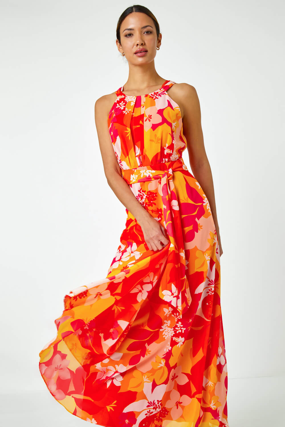 PINK Tropical Print Halterneck Maxi Dress, Image 3 of 6