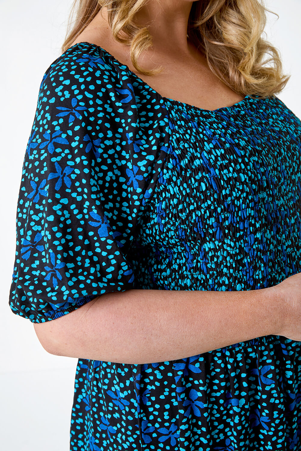 Blue Curve Floral Longline Stretch Shirred Top, Image 5 of 5