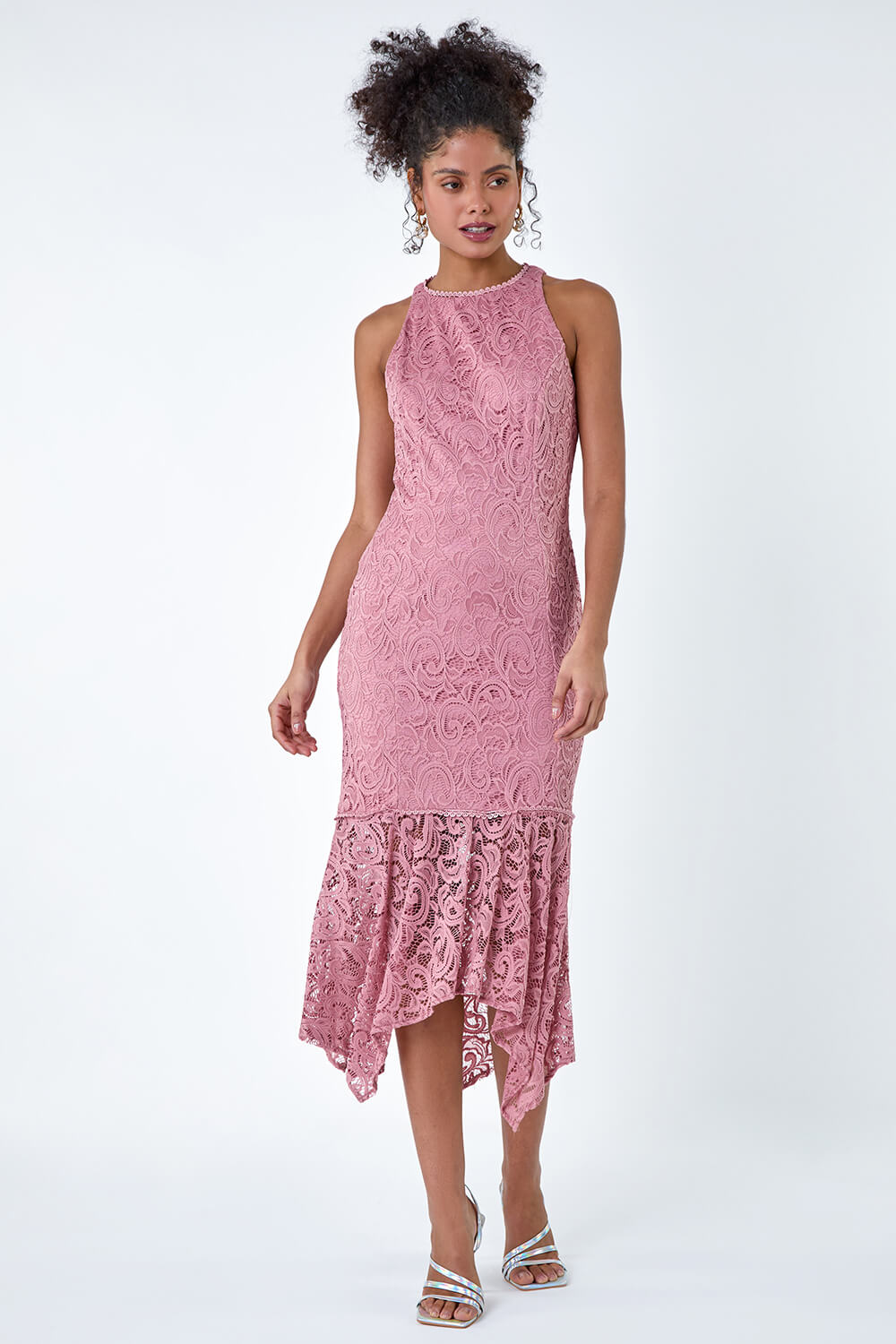 PINK Sleeveless Stretch Lace Midi Dress, Image 2 of 6