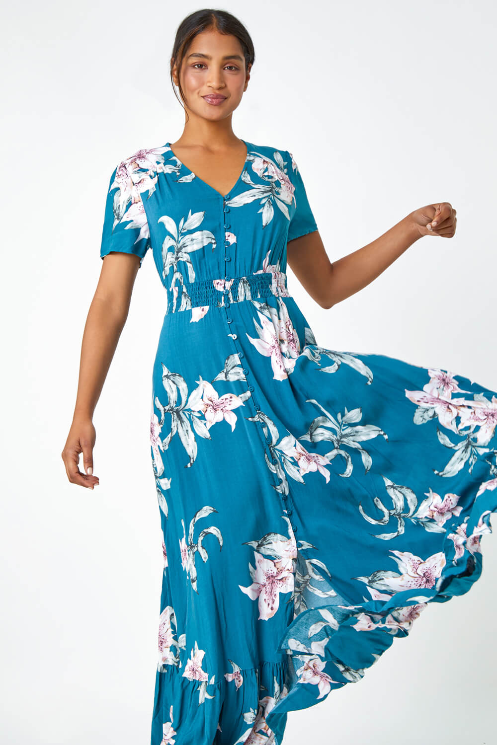 Teal Floral Print Shirred Waist Maxi Dress, Image 2 of 5