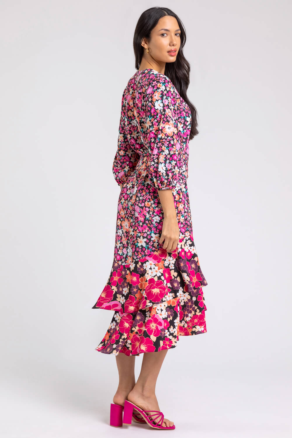 PINK Mixed Floral Frill Hem Midi Dress, Image 3 of 5