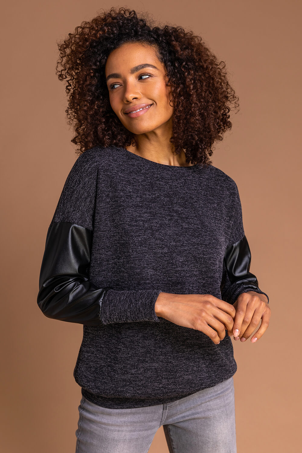 Ribbed Faux Leather Panel Top