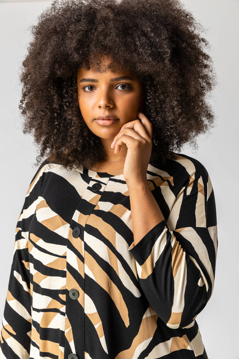 Camel  Curve Animal Print Button Smock Top, Image 3 of 5