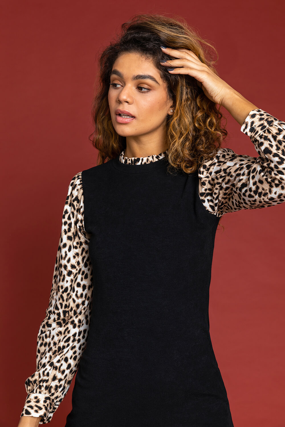 Black Contrast Leopard Print Sleeve Jumper Dress, Image 4 of 5