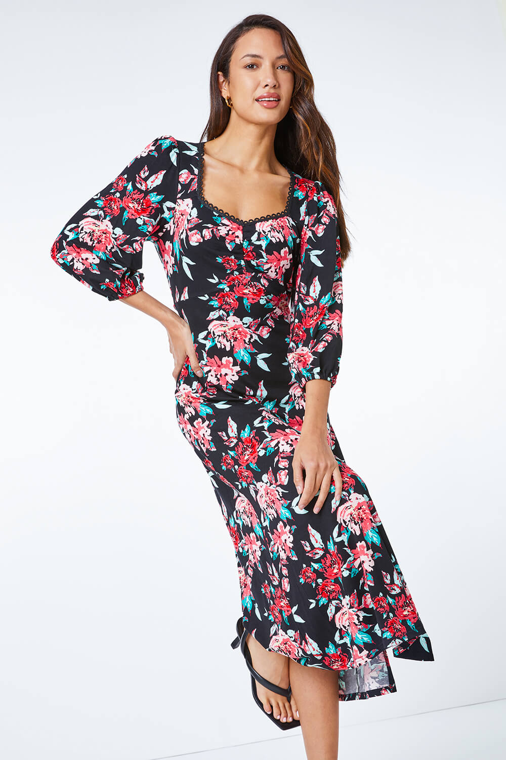 Sweetheart Lace Floral Printed Midi Dress 
