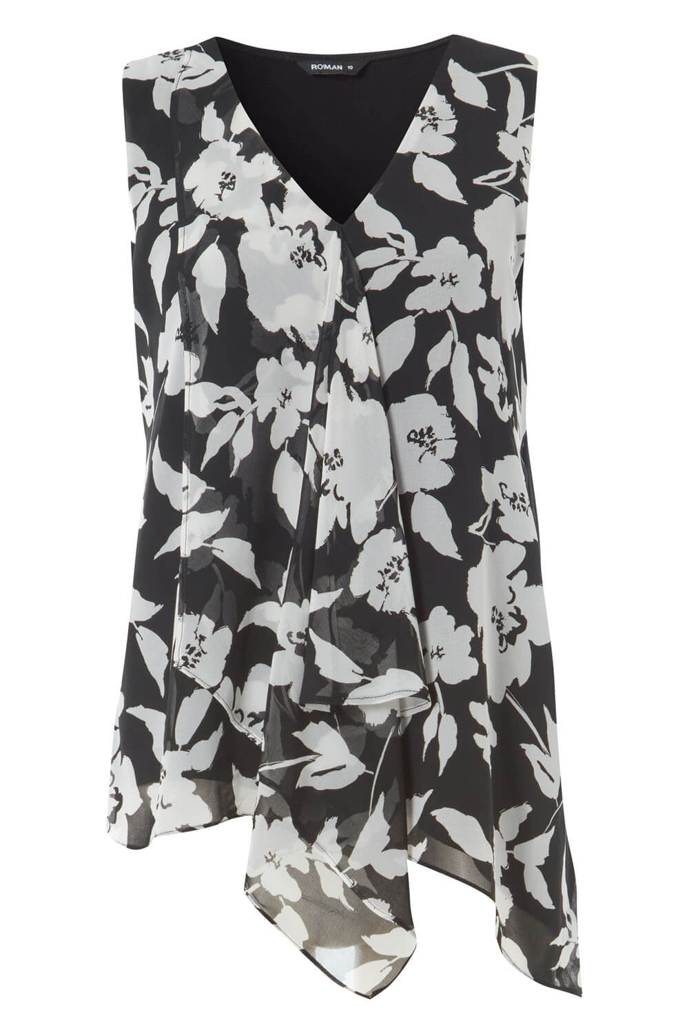 Black Floral Print Sleeveless Chiffon Overlay Top, Image 4 of 4