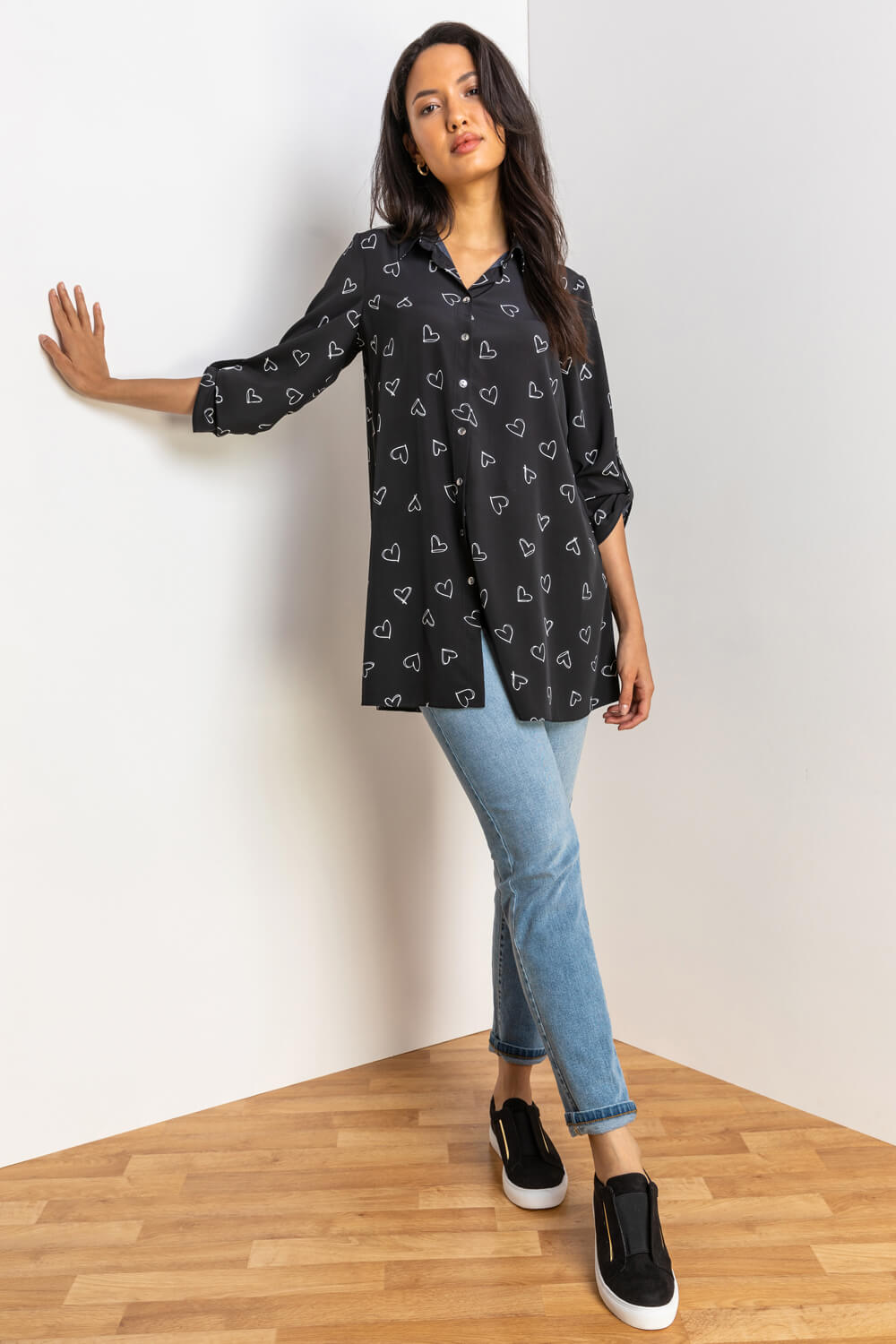Black Heart Print Button Up Tunic Blouse , Image 3 of 5