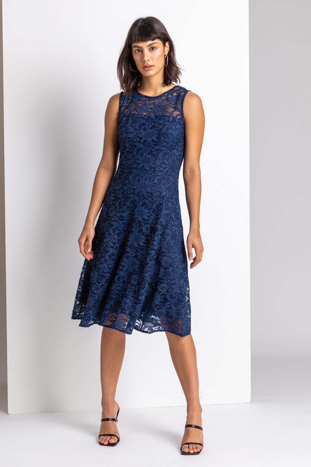 Navy  Glitter Lace Fit & Flare Dress, Image 3 of 4